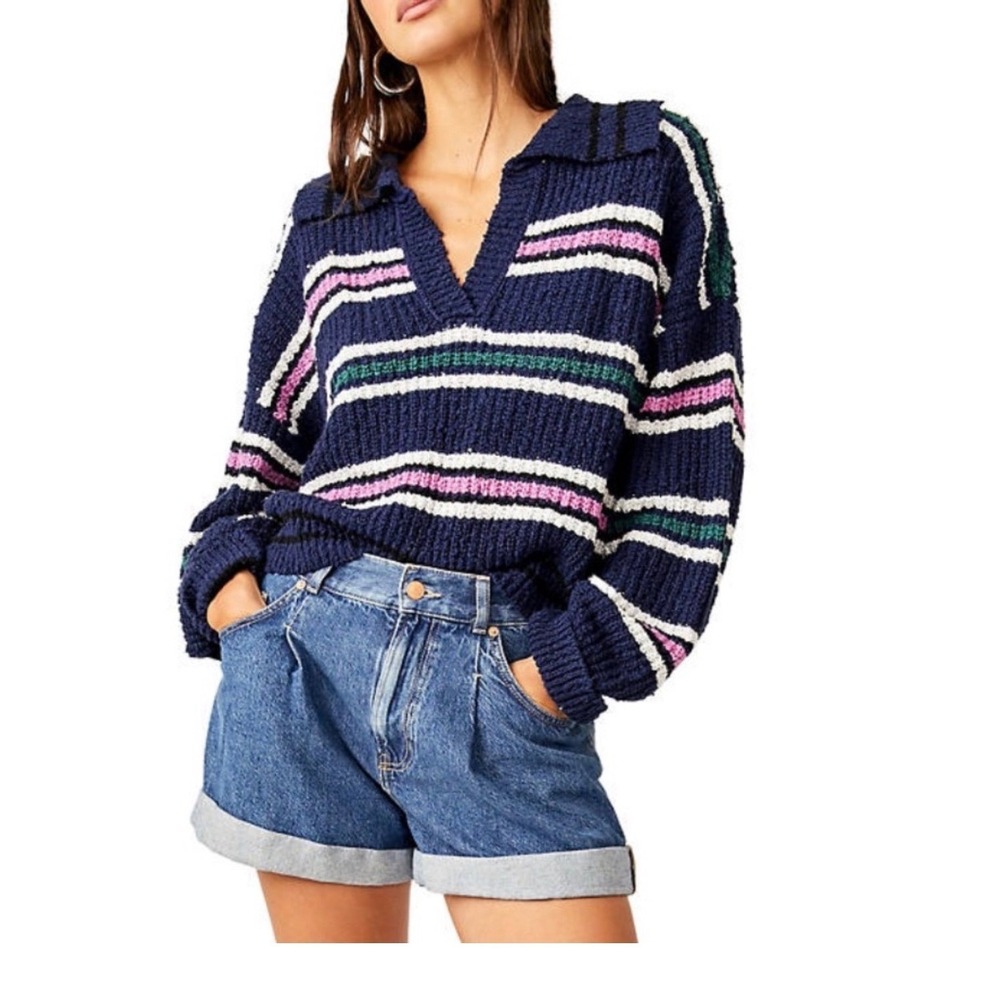 Free People Navy Blue Striped Chunky Knit Polo V-Neck Sweater Large
